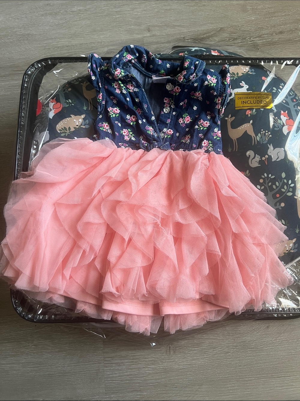 Navy Floral Top Pink Tulle Ruffle Dress